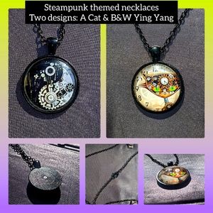 5/$25 Steampunk cat or b&w ying yang gears resin glass pendant necklace new